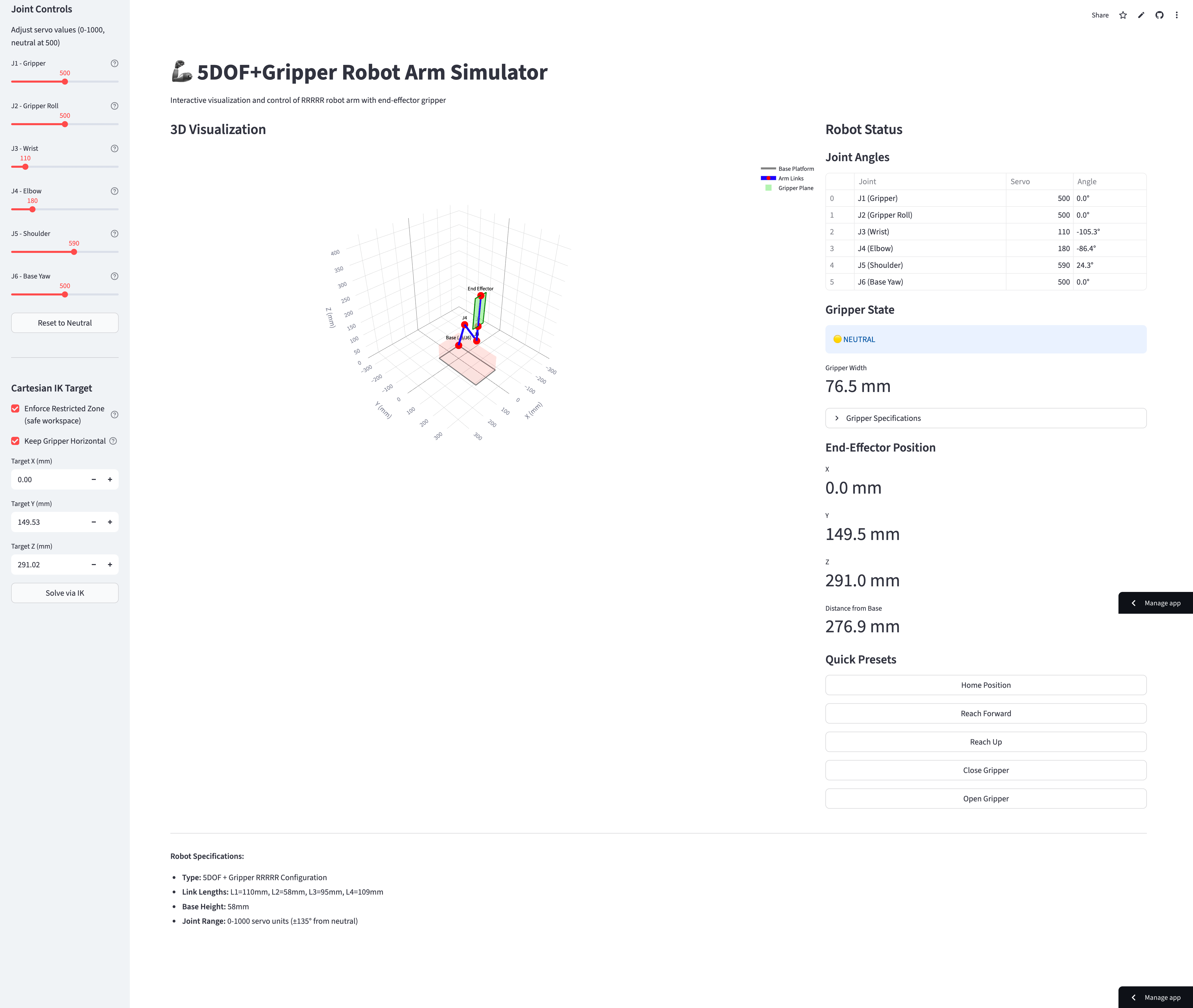 Streamlit cockpit with joint sliders and IK target controls